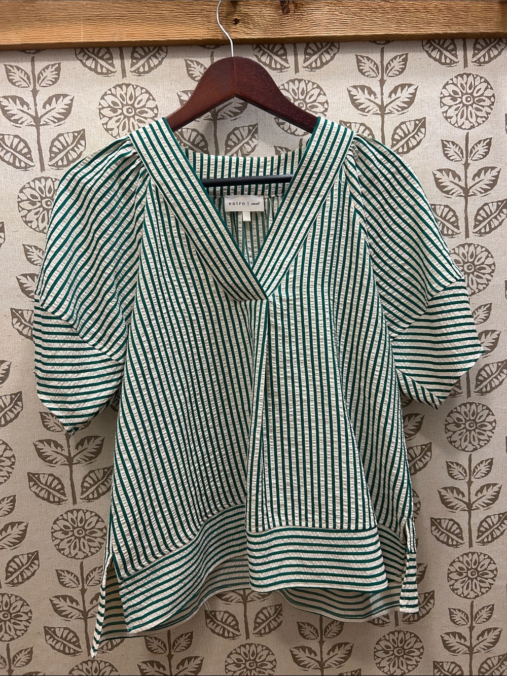 entro Green and White Striped V-Neck Blouse